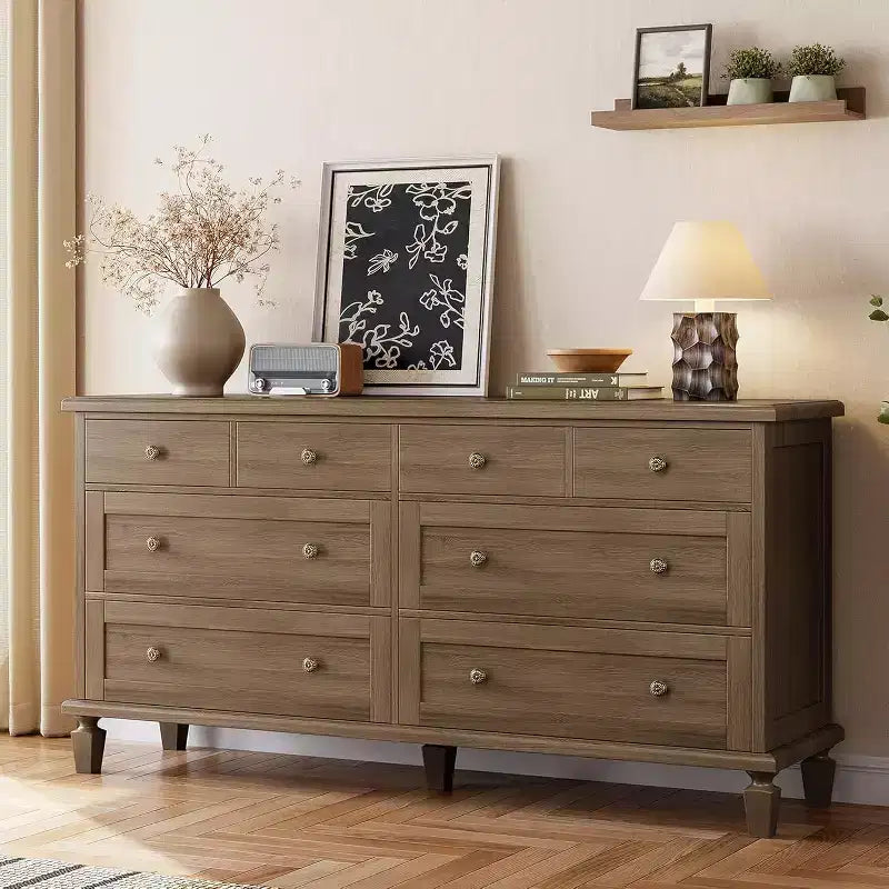 8 Drawer Dresser for Bedroom, Vintage 59 Dresser TV Stand with Carved Handles and Tapered Legs, Wood Chests of Drawers with Large Capacity Storage