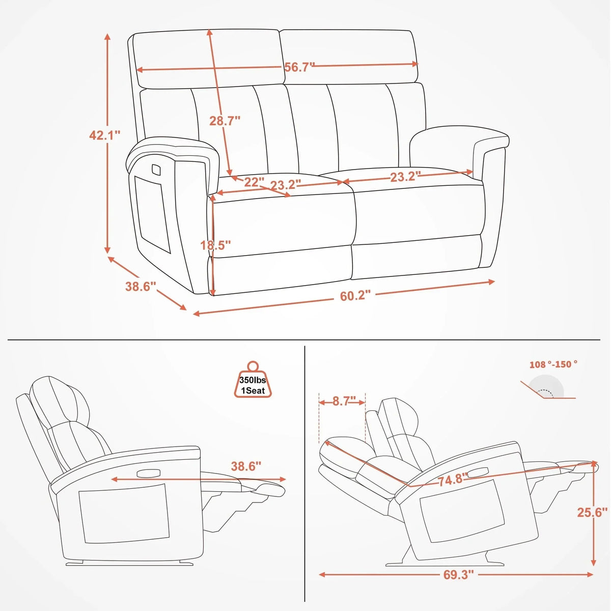 MCombo 60.2 Power Loveseat Recliner Sofa with Massage and Dual Heating, Adjustable Headrest, USB & Type C Port, Fabric