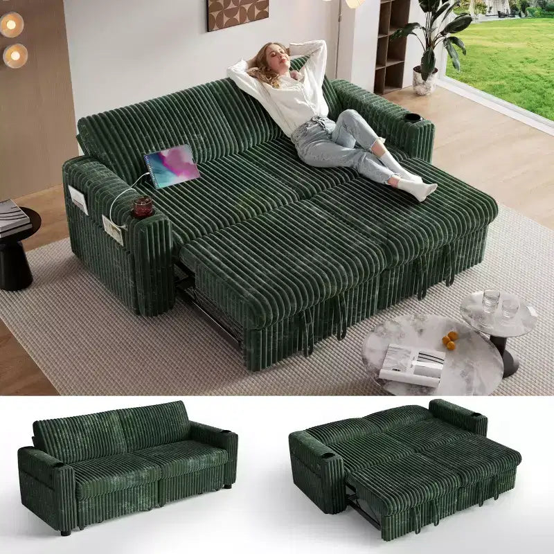 Dyonery 91 Sectional Sleeper Sofa Bed with Pull Out Bed,Reclining Backrest/Two Pull Out Beds/USB Ports/Cup Holders, Plush Corduroy