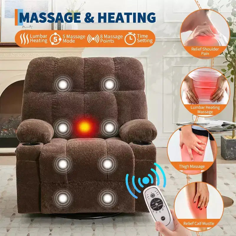Oversized Recliner Chair for Adults, Manual Swivel Rocker Sofa, Side Pockets & Cup Holders for Big and Tall Persons, Living Room