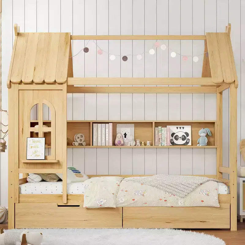 House Platform Bed with Storage Drawers and Window, Solid Wood Frame with Shelves, Childlike Fun Design, Light White