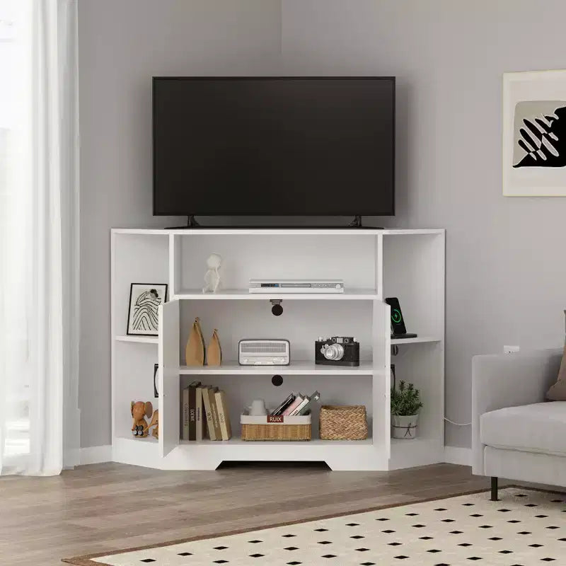Corner TV Stand for TVs up to 55  Farmhouse Barn Door Media Console with Open Shelves & Storage Cabinet, White