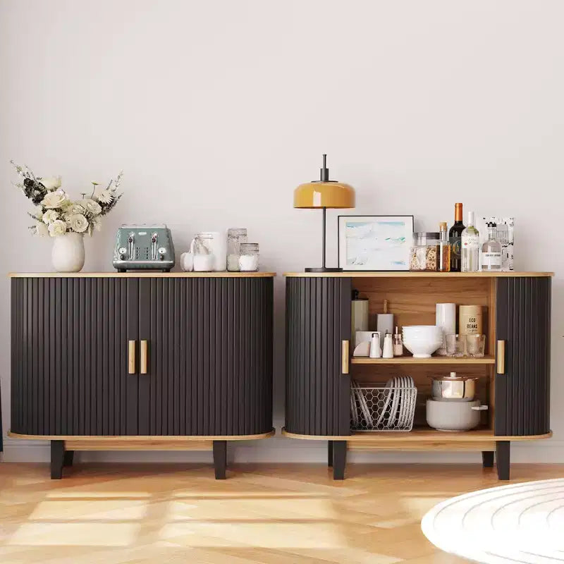 Bahut cannelé de 101,6 cm, Armoire de rangement avec porte coulissante et étagère réglable, Desserte de rangement moderne, Table console de bar à rideaux