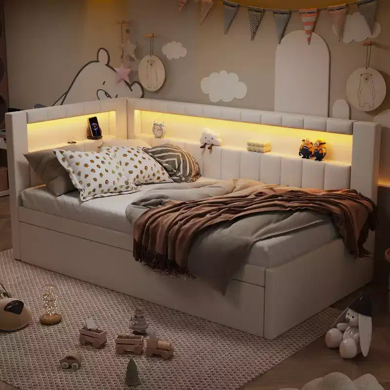 Lit de repos double/complet avec tiroir gigogne et tête de lit bibliothèque en L, lit d'angle doux rembourré en lin avec étagères de rangement et bande LED
