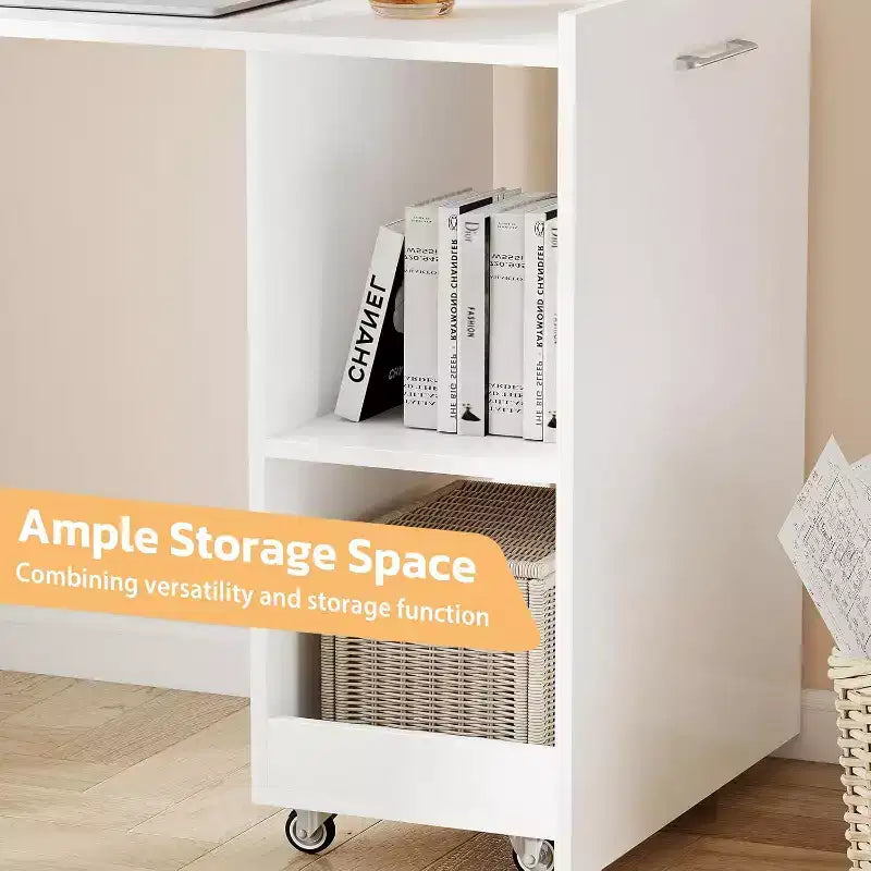 MooxvMoo Stretchable Desk with Storage Shelves and Mobile Wheels, Foldable Computer Table for Small Apartments and Home Offices, White