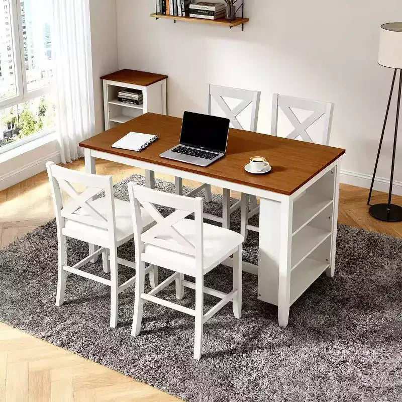Homy Casa 5-Piece Counter-Height Dining Table and Chairs Set with Storage Shelves, White and Walnut  Modern Farmhouse Style