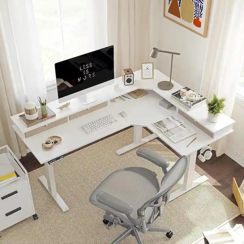 L-Shaped Electric Standing Desk with 3 Drawers & Lockable Casters, 63
