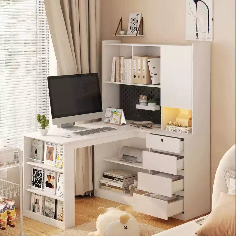 46-Inch L-Shaped Corner Desk with Bookshelf and Drawers