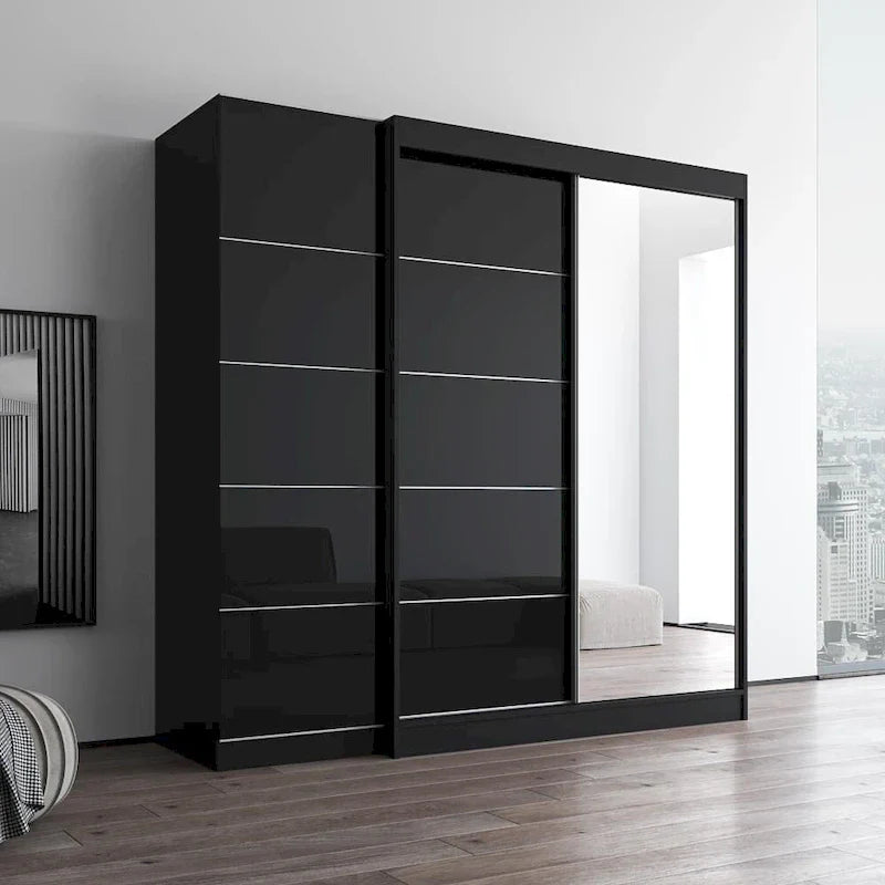 Armoire 2 portes avec miroir, façade vitrée, 2 personnes (Gris / Noir / Blanc)