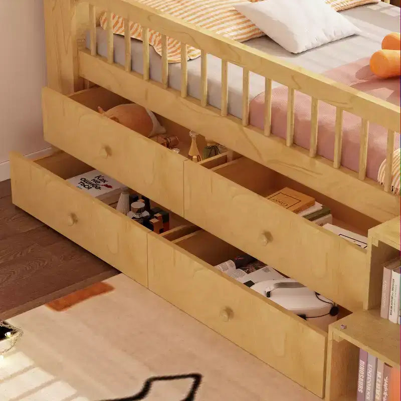 Whisen Low Twin Loft Bed with LED Lights, House Shape Headboard & Storage Drawers, Solid Construction