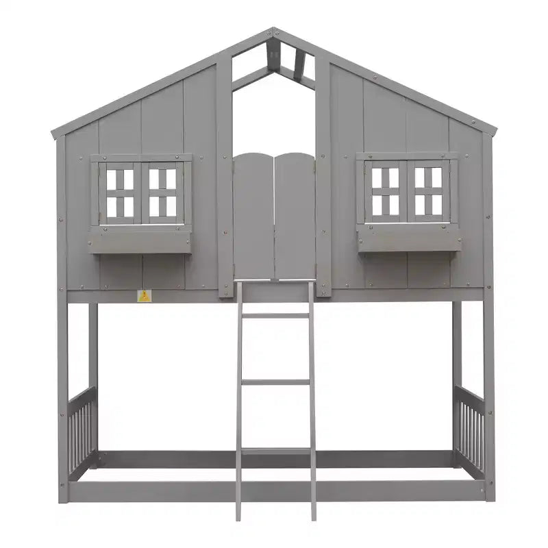 Twin Size House-Shaped Loft Bed, Wood Playhouse Loft Bed with Ladder & Guardrails for Kids