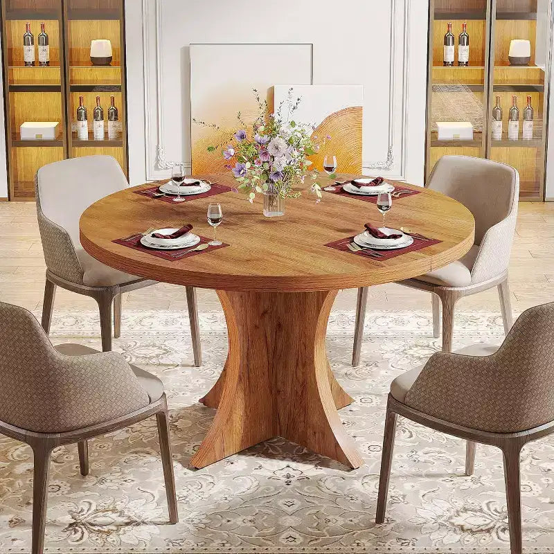 Lantine 47.24-Inch Round Dining Table for 4-6, Farmhouse Kitchen Table with Pedestal Base, Small Dinner Table for Dining Room, Living Room, Brown
