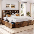 Full Bed Frame with Storage Headboard, Wooden Bed Frame with 4 Drawers, Storage Bookcase & King Size Platform Bed with Strong Metal Support