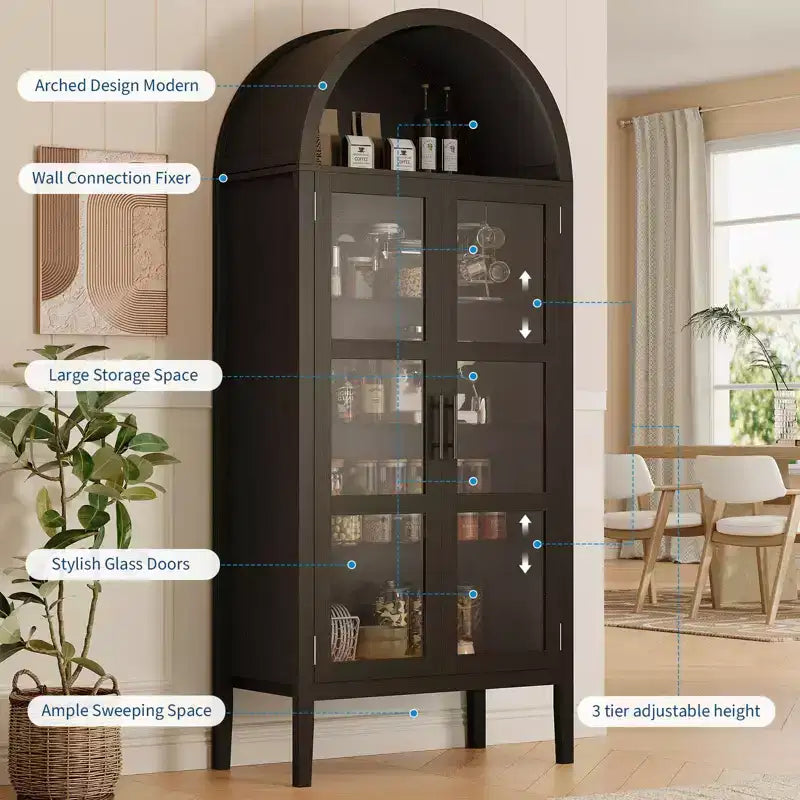 Storage Cabinet, Black/White, Arched Style, Single, 71 Tall with LED Lights & Glass Doors