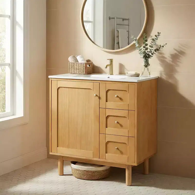 JVNOXK Meuble sous-vasque rustique moderne en céramique de 30 pouces avec 3 tiroirs et 1 grande porte à fermeture douce, meuble de rangement, grain de bois naturel