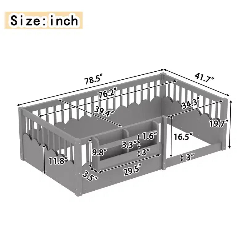 Bellemave Kids Floor Bed with Heightened Fence and Bookshelf, Wooden Twin Montessori Bed Frame for Girls Boys