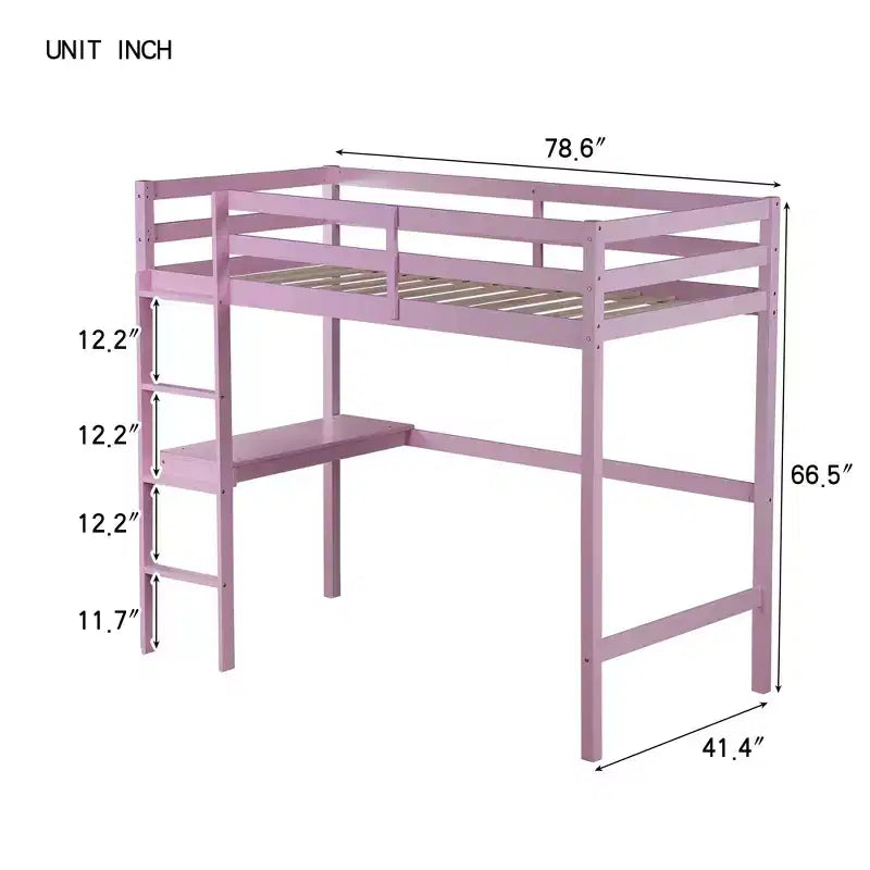 Lit mezzanine Okak Minimalism avec échelle, lit mezzanine simple en bois d'hévéa avec garde-corps de sécurité et bureau intégré, cadres de lit pour enfants, adolescents