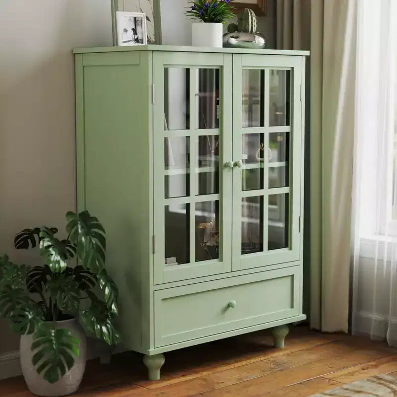 Meuble de rangement, Meuble bas en bois avec 1 tiroir et 2 portes vitrées, Buffet de style rustique avec rangement pour salon
