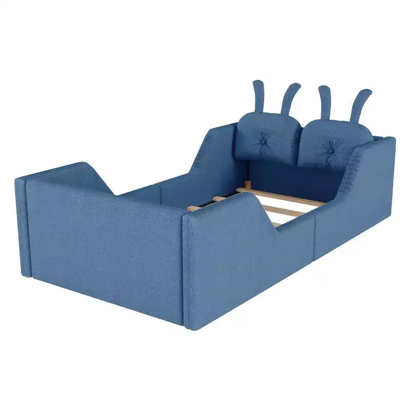 Whisen Twin Platform Bed, Kids Floor Upholstered Bed Frame with Rabbit Cushion, Removable Side Rails