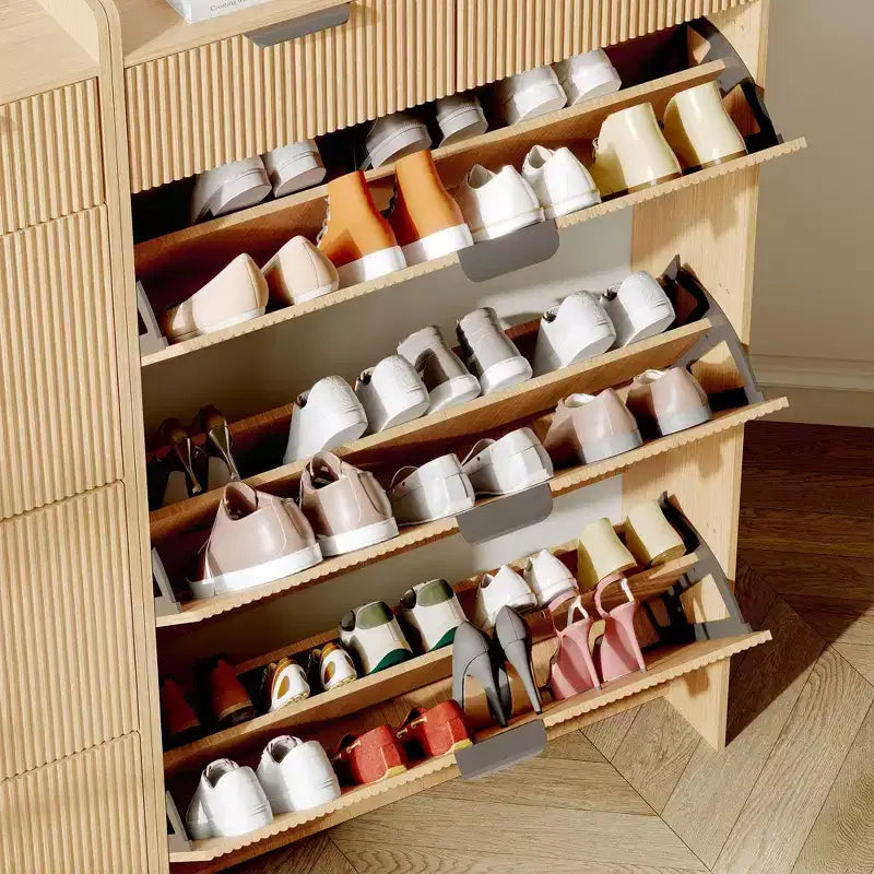 Modern White Shoe Cabinet with 3 Flip Drawers & 2 Small Drawers & Hook, Slim Fluted Shoe Storage Organizer, Narrow Entryway Cabinet