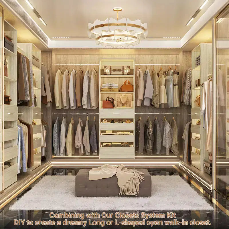 Besiost 4-9 Ft Wooden Closet Organizer System with 4 Drawers, 4 Hanging Rods & Shelving Towers