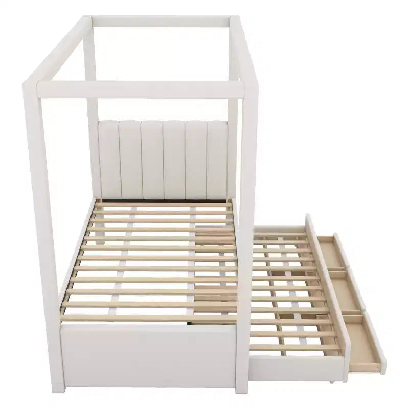 Full Size Linen Upholstery Canopy Platform Bed with Trundle and Three Storage Drawers