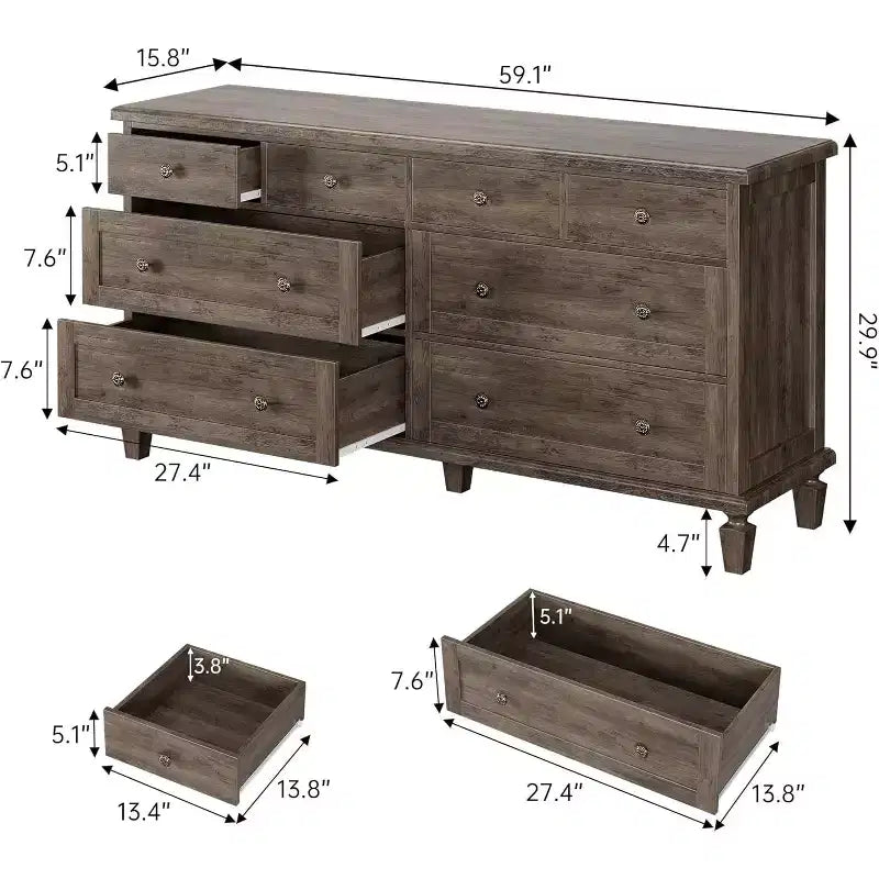 8 Drawer Dresser for Bedroom, Vintage 59 Dresser TV Stand with Carved Handles and Tapered Legs, Wood Chests of Drawers with Large Capacity Storage