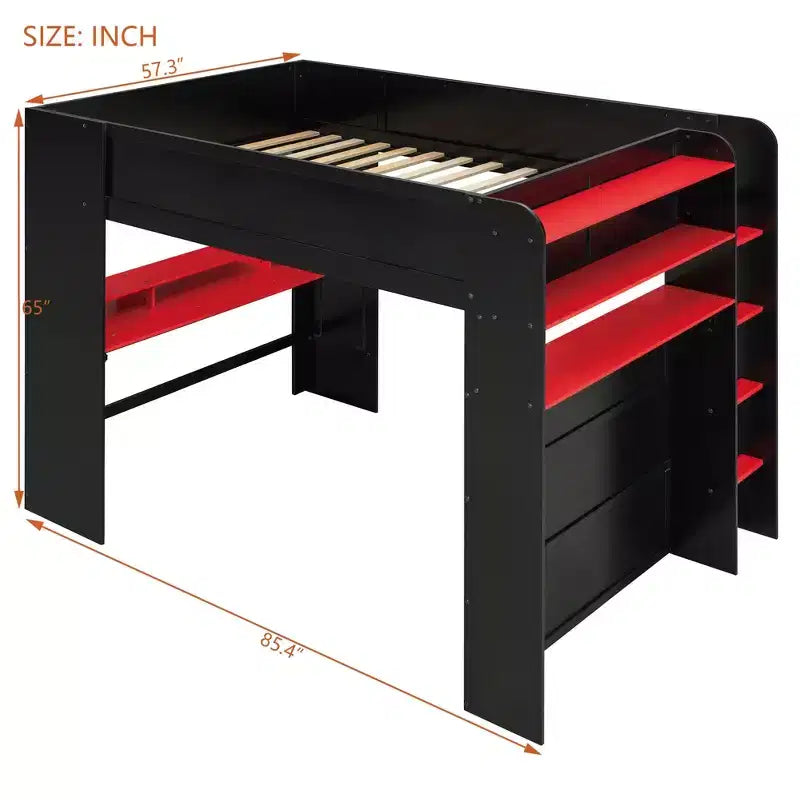 Luxystar Full Size Loft Bed With Lighted Adjustable Desk, Open Wardrobe and Bookcase