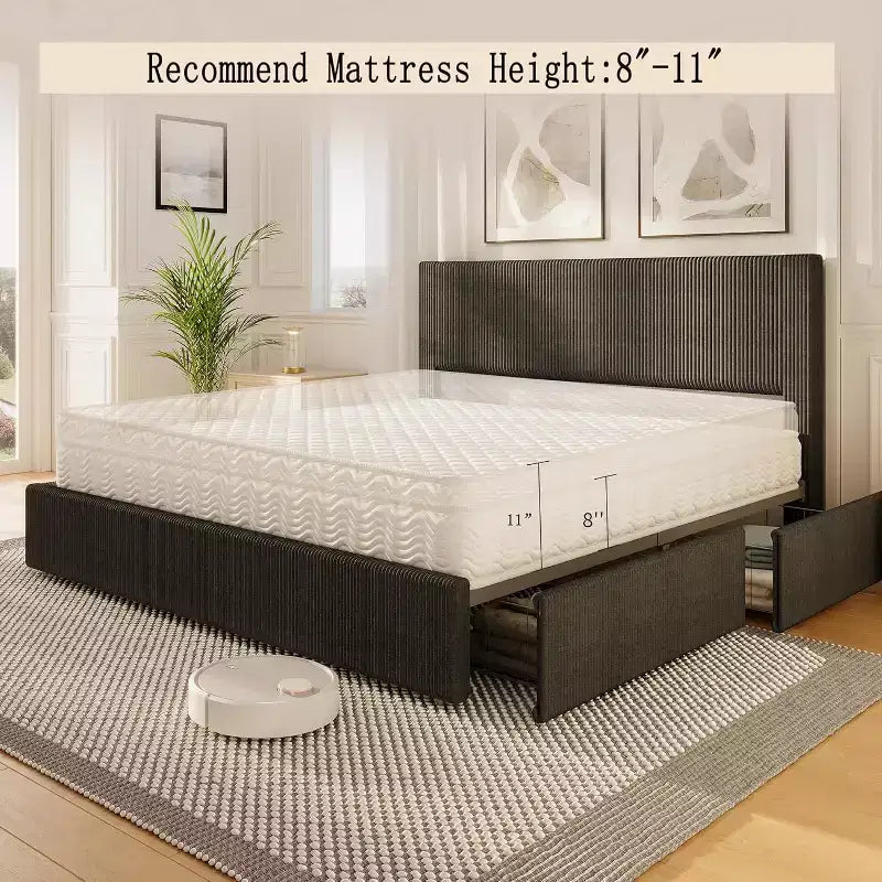 CuisinSmart Corduroy Bed Frame with Headboard, Platform Upholstered Bed Frame with 4 Storage Drawers and Wooden Slats Support