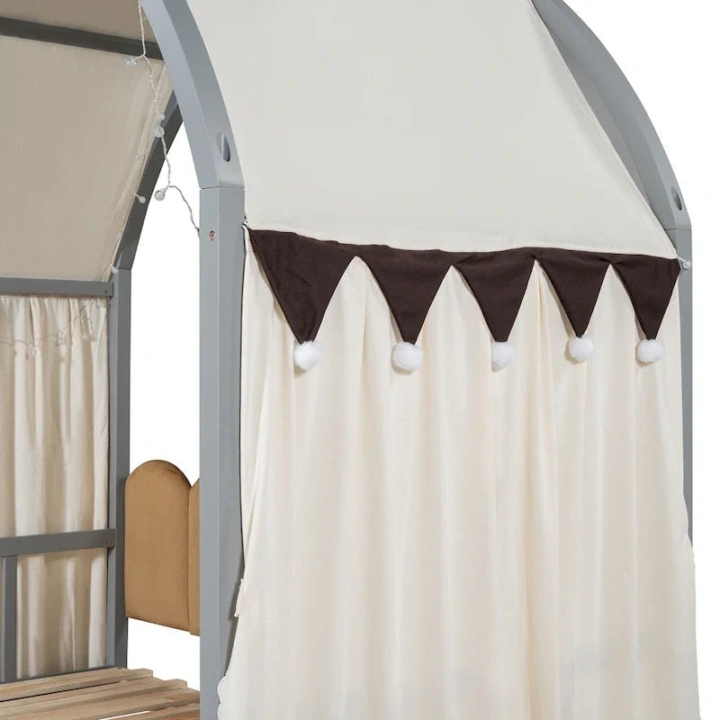 Solid Wood Playhouse Platform Bed Floor Montessori Bed Frame with Arched Roof and Trundle for Girls and Boys