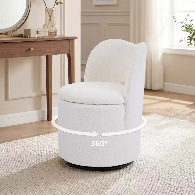 Swivel Vanity Chair with Storage, Upholstered Round Makeup Stool with Back, Soft Padded Barrel Accent Armchair for Bedroom & Living Room