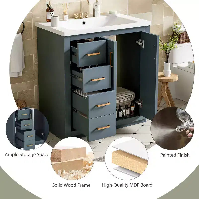 Meuble-lavabo de salle de bain à évier simple de 76 cm avec armoire et 3 tiroirs – Noir / Bleu / Vert / Indigo / Blanc