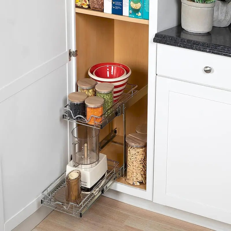Pull Out Cabinet Organizer 2 Tier  Heavy Duty Metal with Lifetime Limited Warranty - Anti Rust Chrome Finish