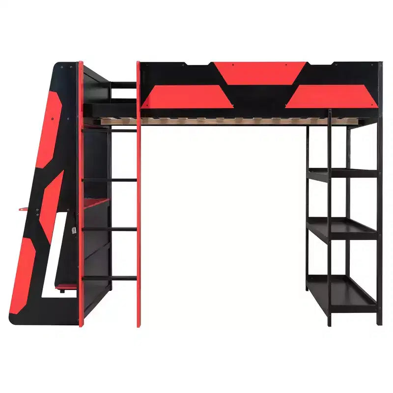 Luxystar Full Gaming Loft Bed with Desk, Storrage Shelves and Lights
