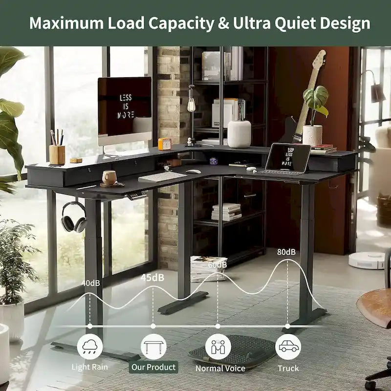 L-Shaped Electric Standing Desk with 3 Drawers & Lockable Casters, 63