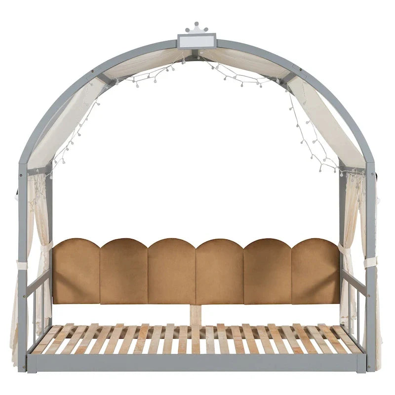 Solid Wood Playhouse Platform Bed Floor Montessori Bed Frame with Arched Roof and Trundle for Girls and Boys