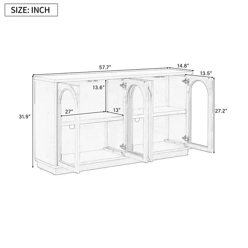 4-Door Large Storage Buffet Cabinet with Glass Doors, Arched Cabinet with Adjustable Shelves for Kitchen