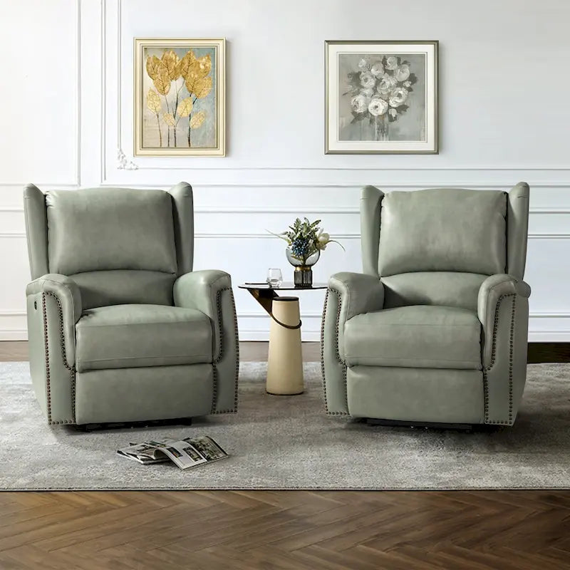 Genuine Leather Power Recliner with USB Port 鈥?Wingback Nailhead Set of 2