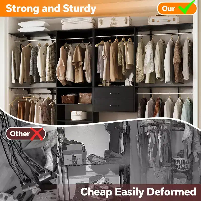 Freestanding Closet System with 8 Hannging Rods and Drawers, Hanging Closet Organizer with 10 Shelves