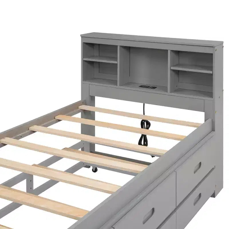 Platform Bed with Trundle and Drawers, Storage Platform Bed with USB, Wood Platform Bed with Bookcase