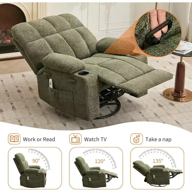 Oversized Recliner Chair for Adults, Manual Swivel Rocker Sofa, Side Pockets & Cup Holders for Big and Tall Persons, Living Room