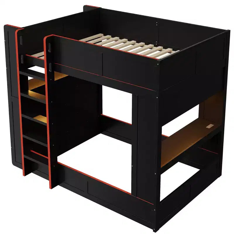 Full Size Wood Gaming Bunk Bed with Built-In Desk, Storage Shelves, 7-Color LED Lights & Charging Station, Black - ModernLuxe