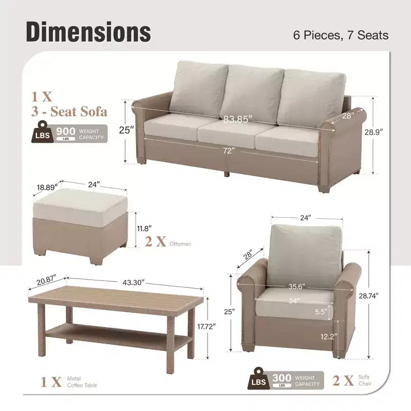 Captiva Designs 6 Piece Luxury Wicker Patio Conversation Sofa Set with Curved Armrests with Cushions