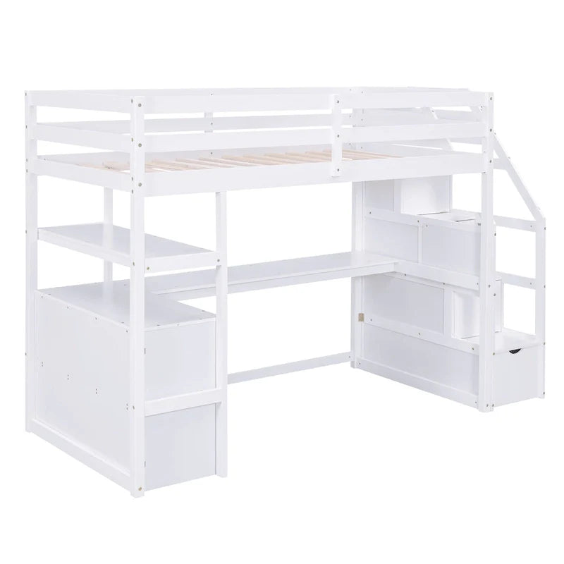 Twin Size Loft Bed with Desk and Shelves, Two Built-in Drawers, Storage Staircase