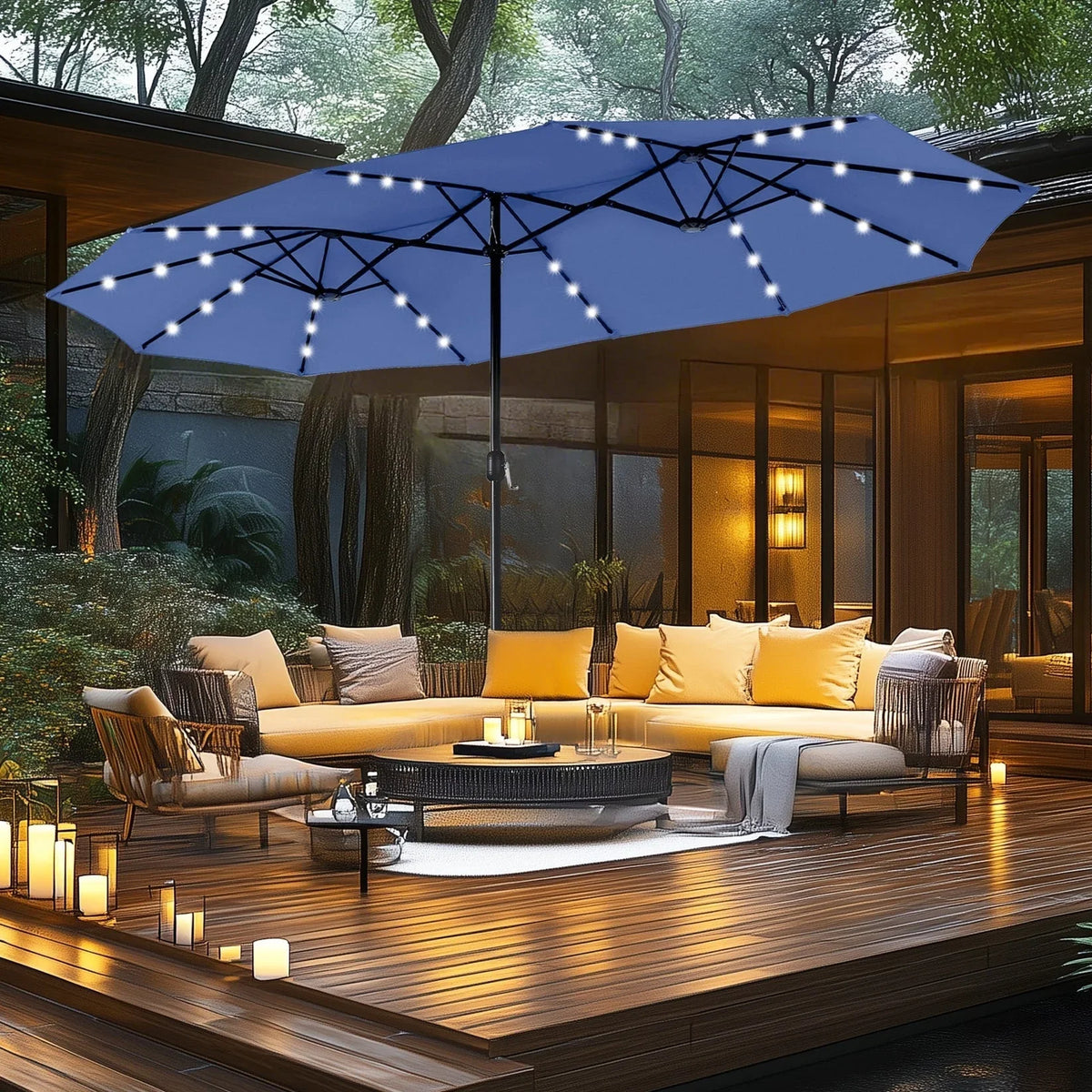 MAISON ARTS 15-foot Rectangular Crank Double-sided Outdoor Market Umbrella Solar LED Lighted Patio Umbrella with Base Included