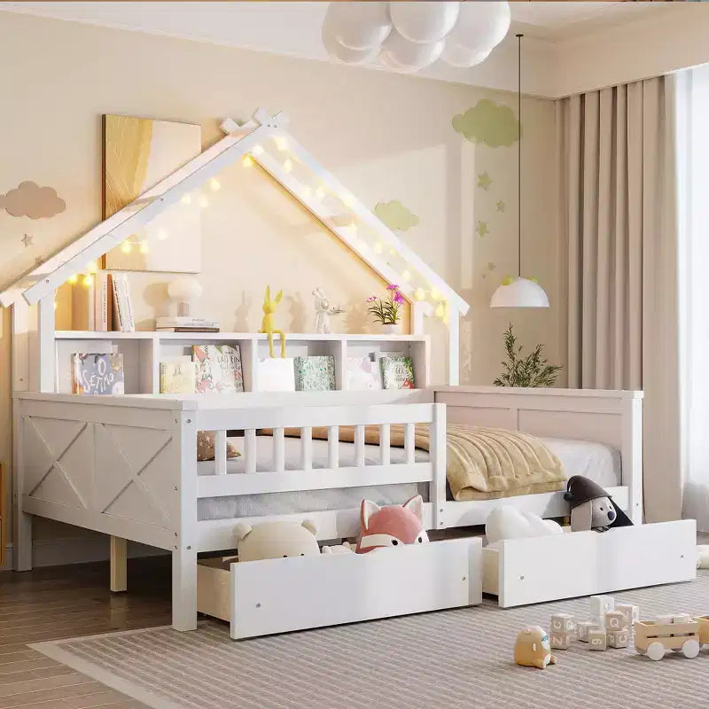 Full Size House Bed Frame with Drawers, House Platform Bed with LED Lights, Storage Shelves & Drawers, Wood Daybed with Roof and Guardrail