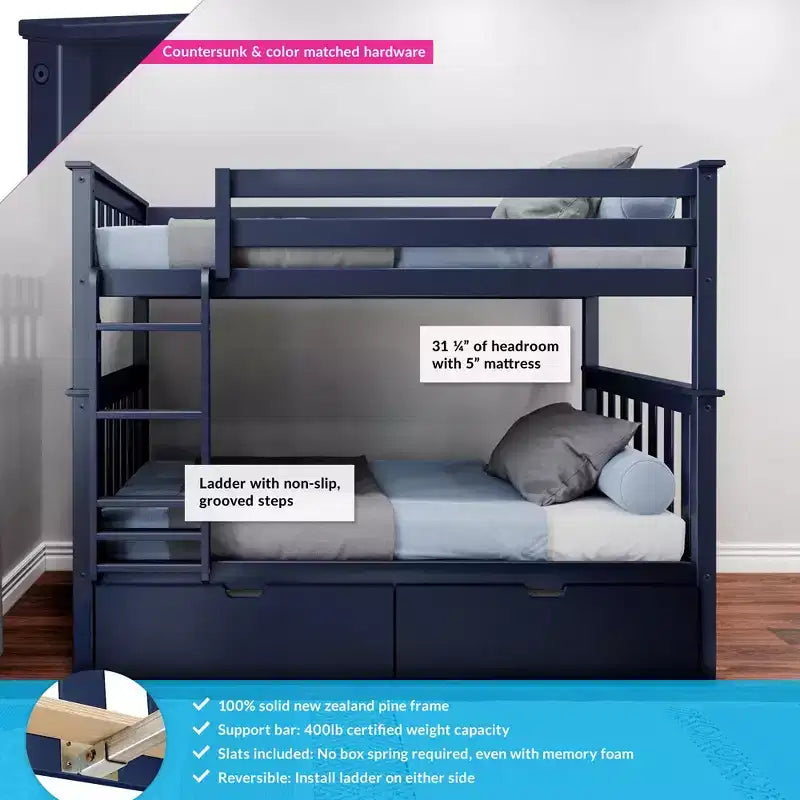 Solid Wood Twin over Twin Bunk Bed for Kids with Underbed Storage Drawers