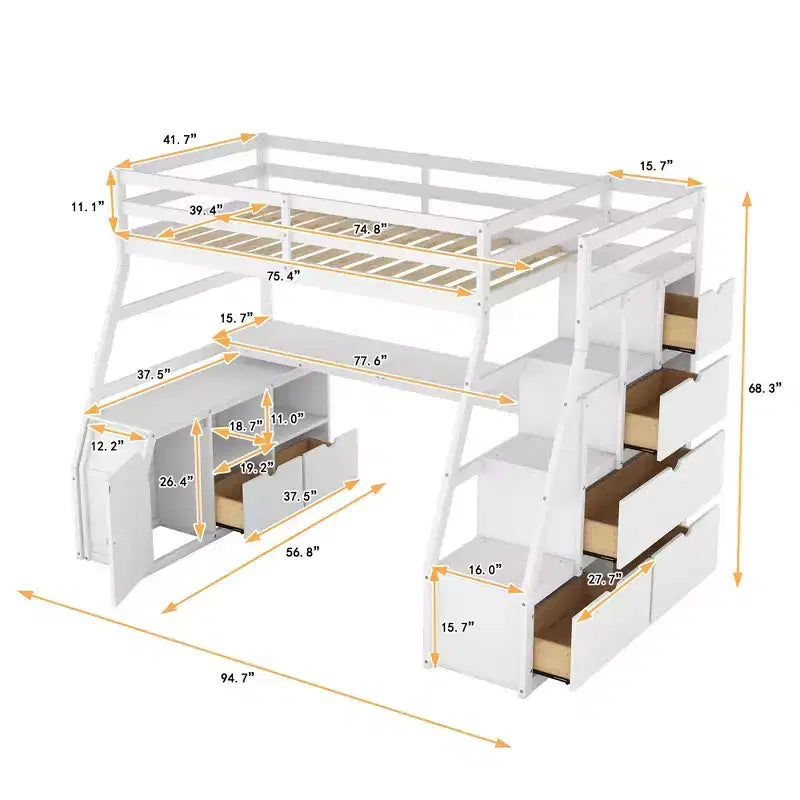 Twin Size Loft Bed with 7 Drawers, 2 Shelves, Cabinet and Desk for Kids and Teens