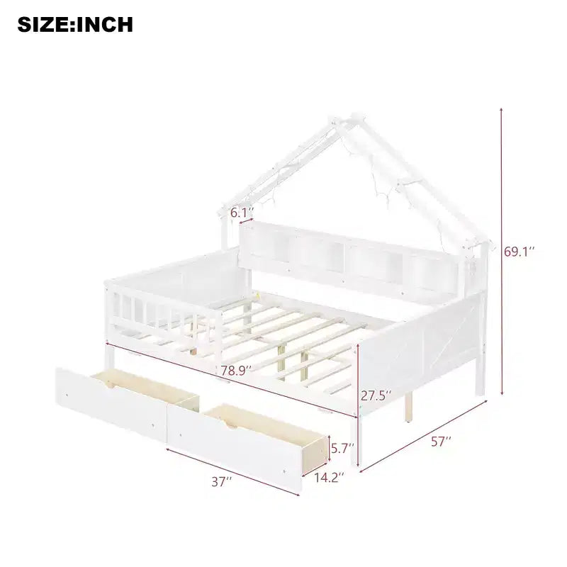 Full Size House Bed Frame with Drawers, House Platform Bed with LED Lights, Storage Shelves & Drawers, Wood Daybed with Roof and Guardrail