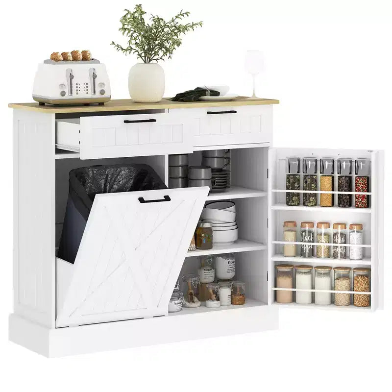 HOMCOM Tilt Out Trash Can Cabinet with Drawers, Farmhouse Kitchen Cabinet with Hidden Trash Can for Kitchen